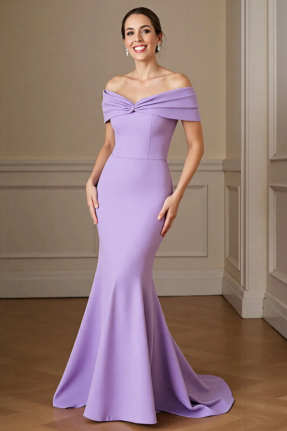 Lilac Satin Mermaid Off the Shoulder Long Full Of Charm Mother of Bride Dress